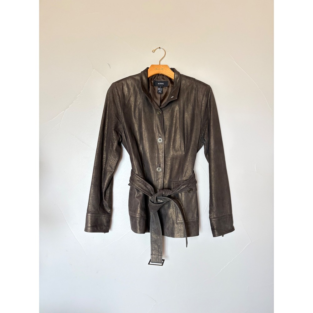 Vintage Y2K Alfani  Bronze Metallic Genuine Leather Belted Safari Jacket Size M